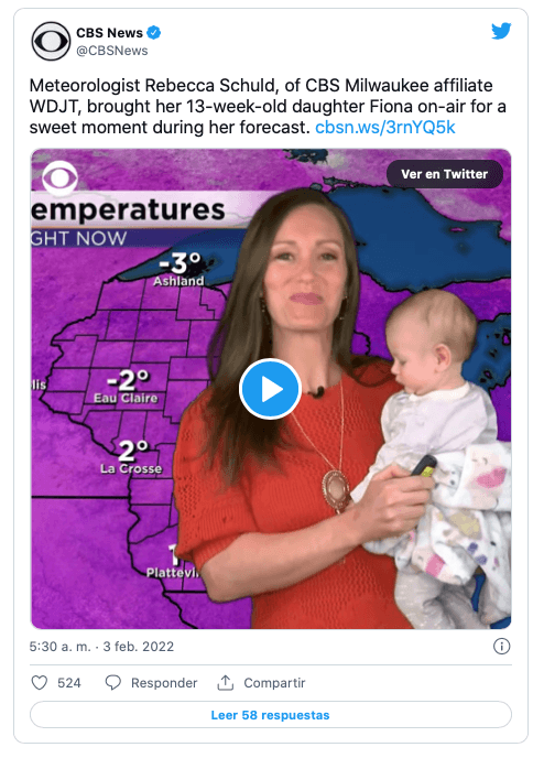 Meteoróloga con su bebé en brazos