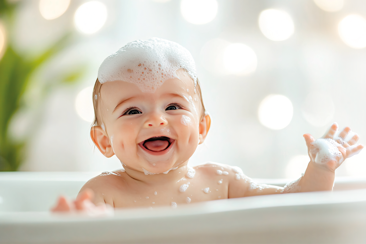 bebé feliz y enjabonado en una tina tomando un baño