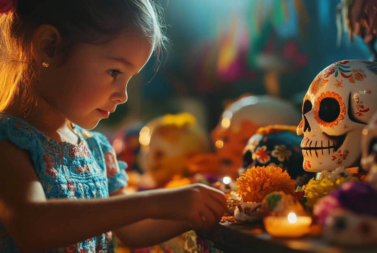 niña colocando cosas en el alta de muertos