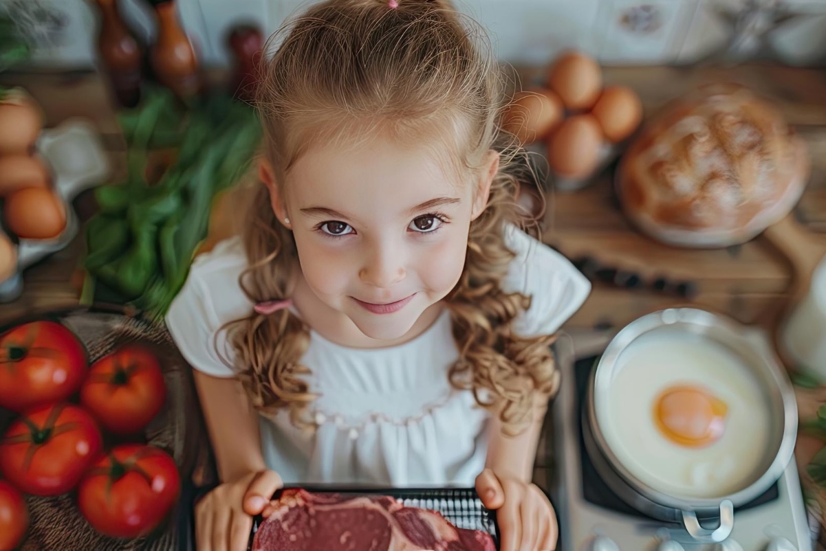 niña con muchos alimentos juntos