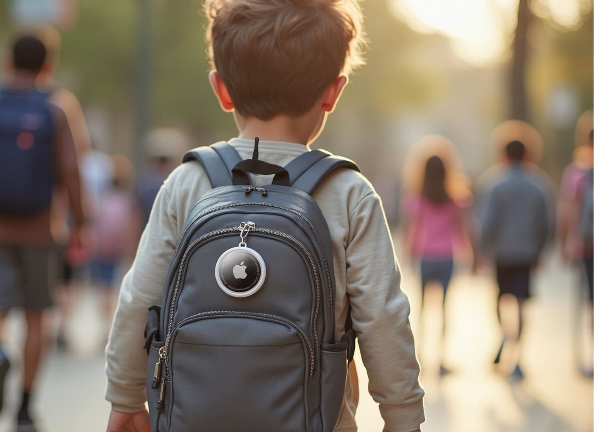 niño pequeño con un AirTag colgando de la mochila 