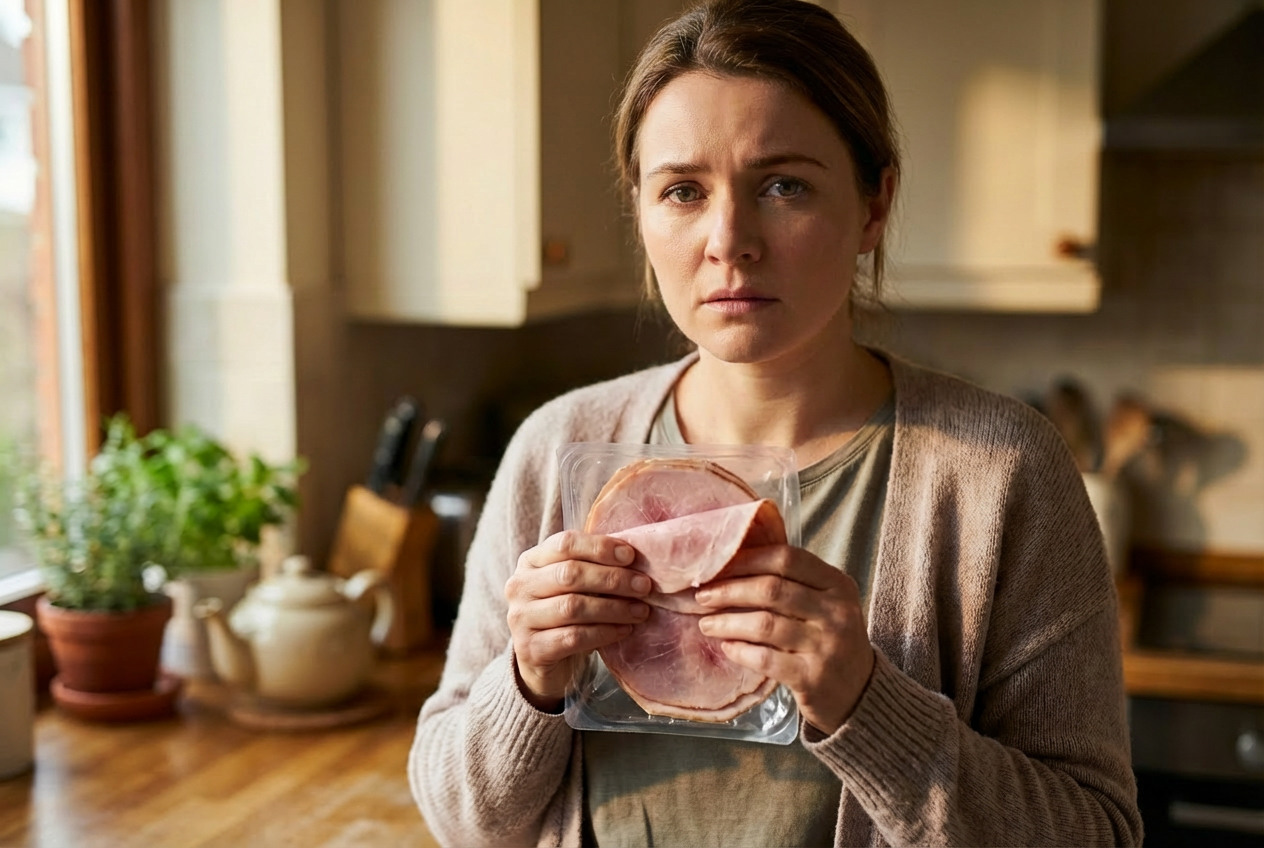 mamá sosteniendo un jamón con cara de preocupación